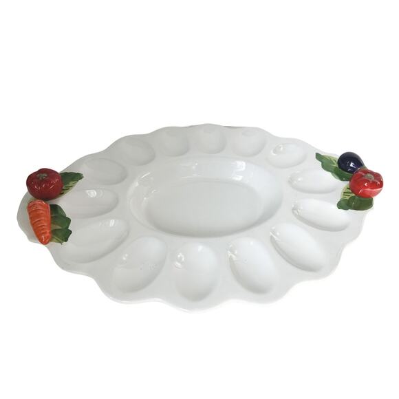Vintage Italian Pottery Deviled Egg Trays White w/ Porcelain Vegetables on Ends - Picture 2 of 6